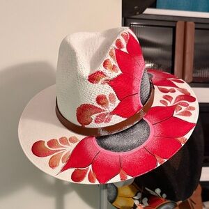 Lack Of Color White Hat with Red Floral Design